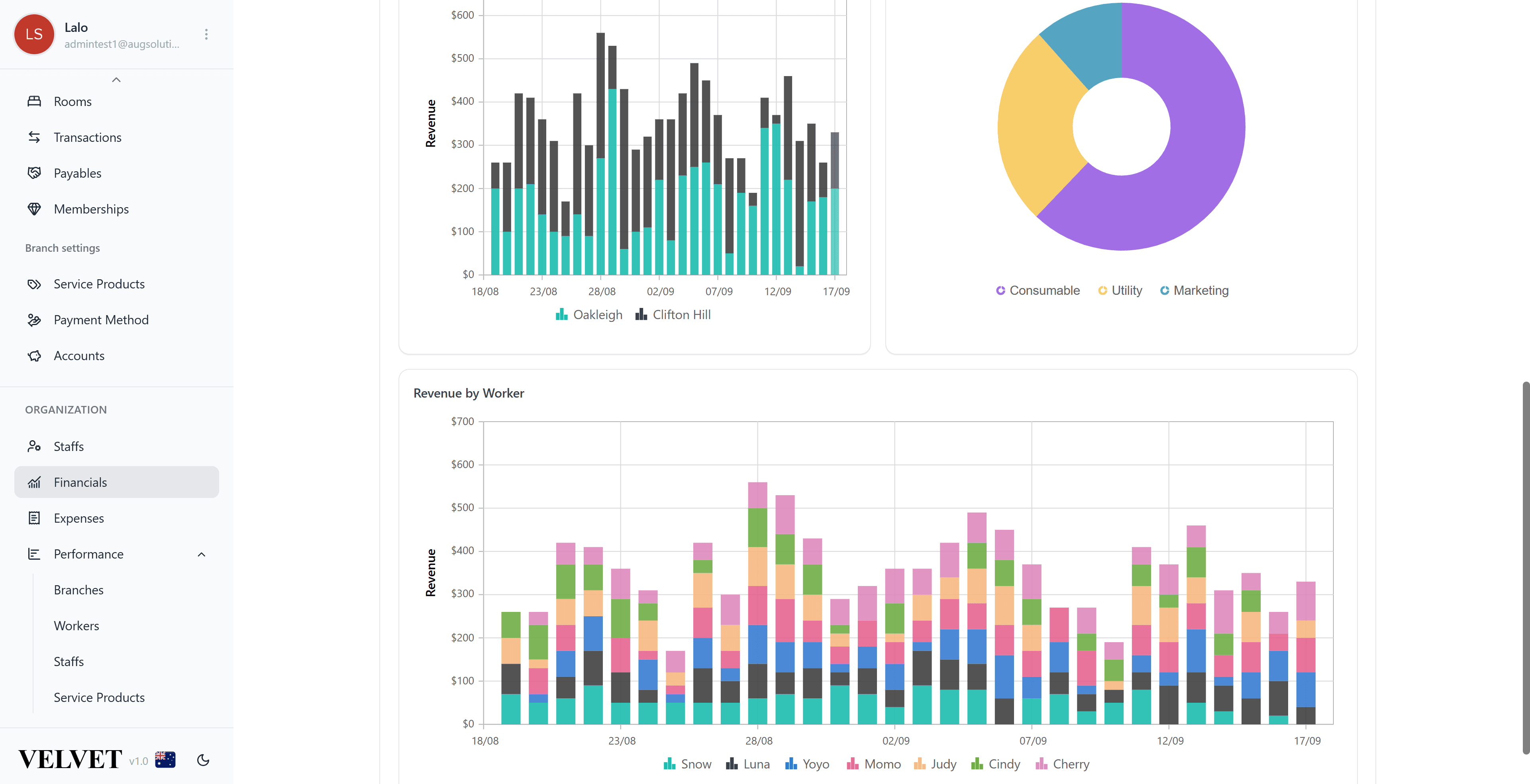 Revenue broken down by branch, service and worker over a date range