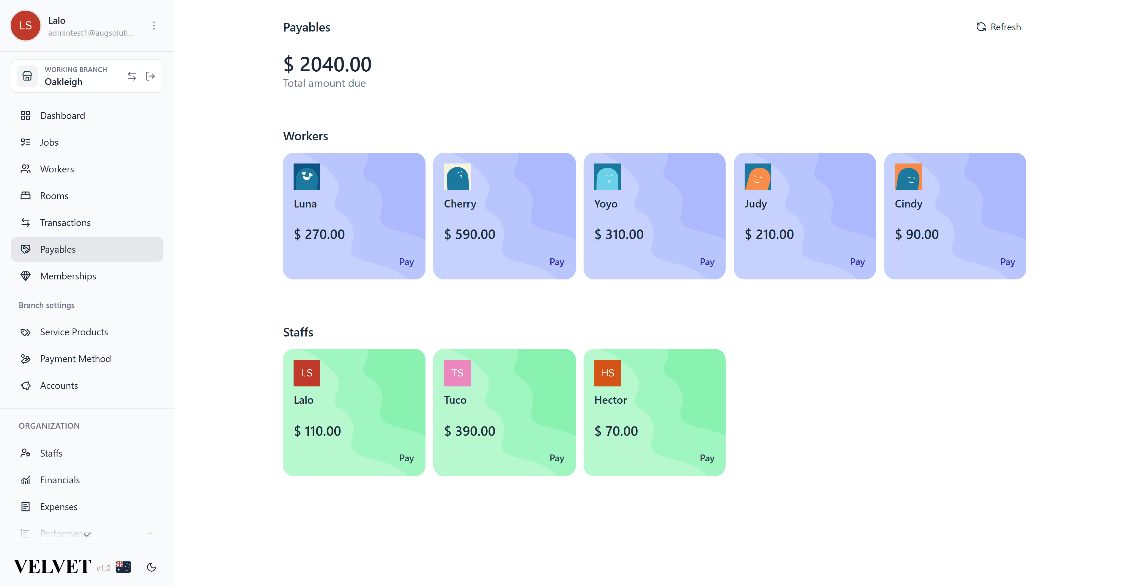 Payables screen listing what each worker and staff member is owed